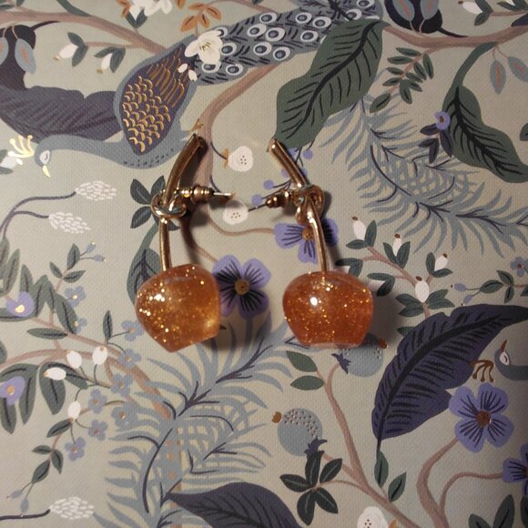 Crystal Cherry Drop Earrings w/ Golden Glitters - Picture 2 of 2